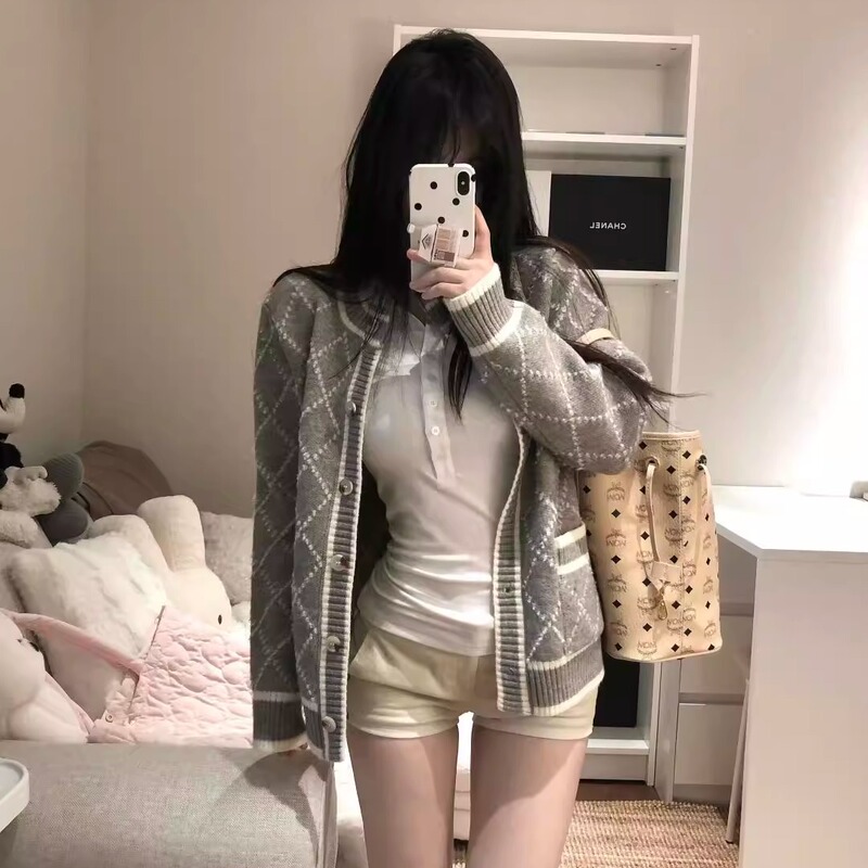 设计感菱格毛衣外套女装春秋韩系灰色慵懒小香风轻奢针织开衫上衣|undefined