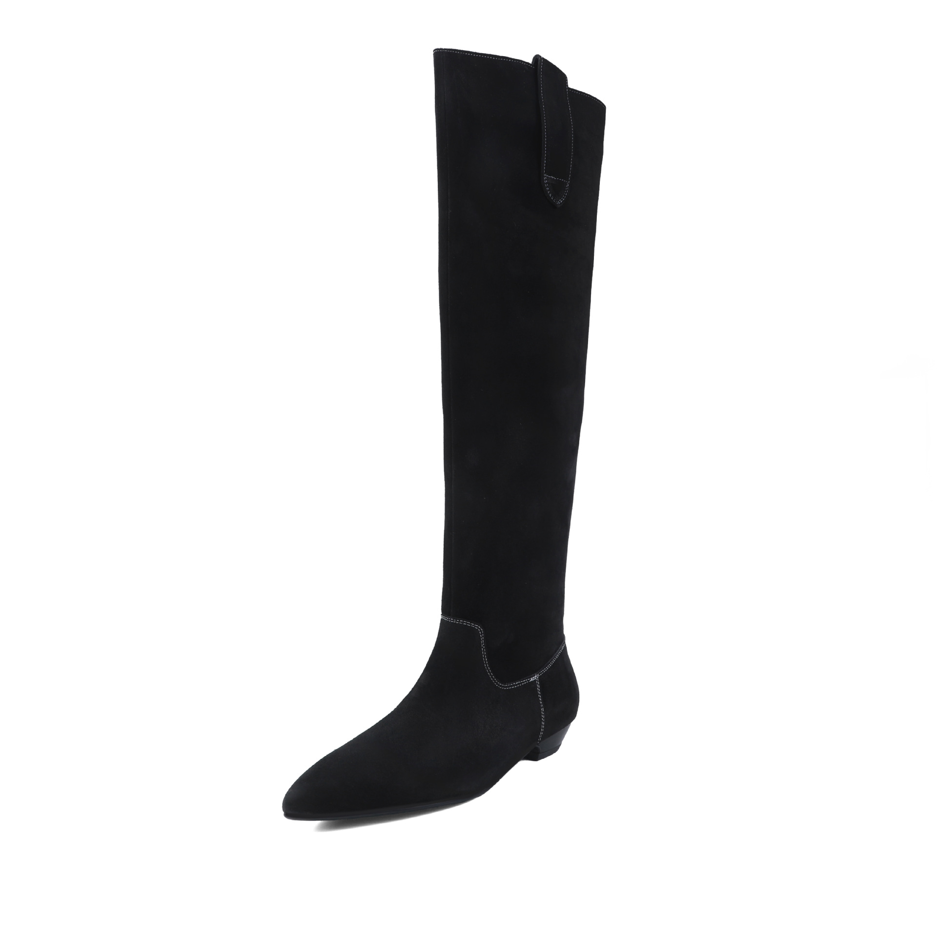 Boot nữ cổ thấp mũi nhọn gót thấp ống xếp ly chất da lộn — màu đen, màu xám, màu mơ