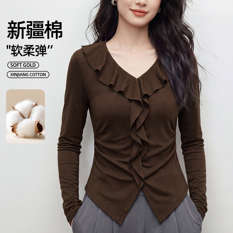French-style V-neck ruffled long-sleeve T-shirt for women, 2026 autumn new collection, slim-fit, stylish coffee-colored top