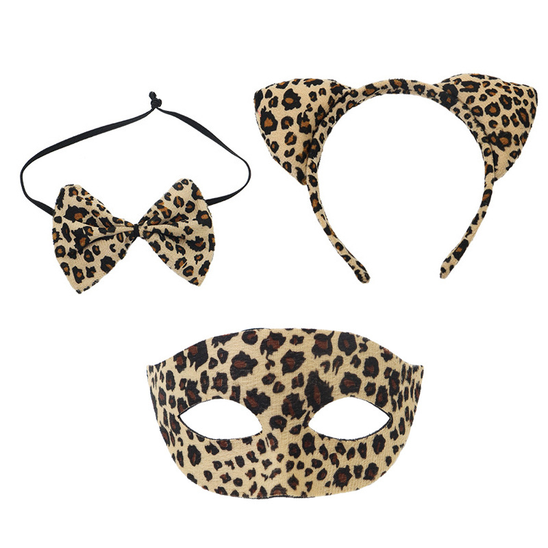 Amazon venta caliente leopardo cabello bandas mitad cara máscara set leopardo cabello bandas corbata maquillaje decoración de fiesta