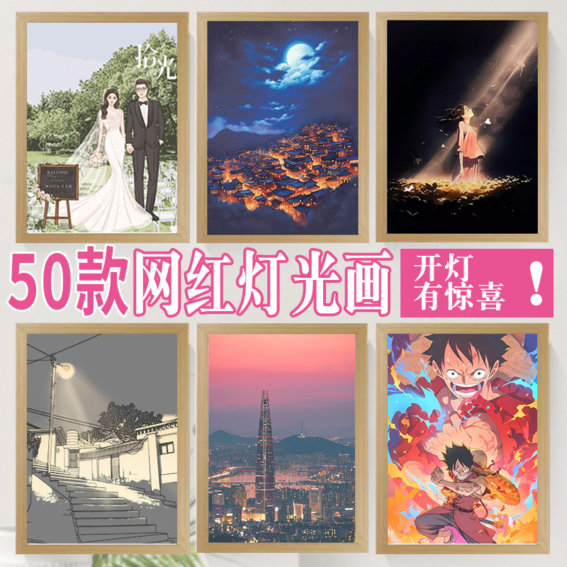 Tres colores TikTok popular pintura ligera de dibujos animados dormitorio noche pintura luminosa marco de fotos de madera maciza creativo bricolaje fabricante