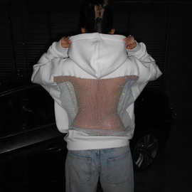 欧美跨境2025秋冬新款女装亚马逊时尚纯色露背镂空网纱连帽衫卫衣