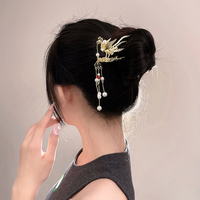 court Head hairpin Hairpin Ultra cents Hanfu Accessories freshwater Pearl Phoenix Hairpin Hairpin Antiquity tassels Hairdressing Headdress