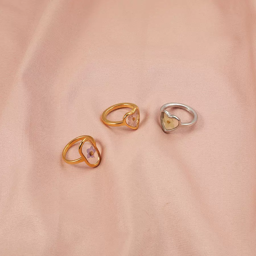 欧美跨境ins新款干花爱心戒指个性简约18K金不锈钢芥菜籽指环批发