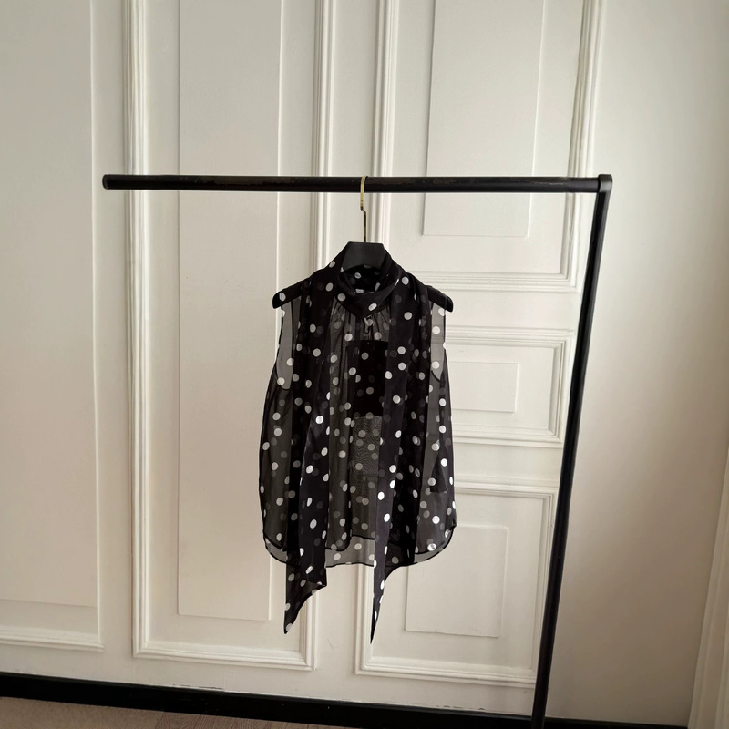 2026 Summer French Hepburn Style Polka Dot Print Stand Collar Ribbon Design Loose Lightweight Slightly Sheer Sleeveless Women's Shirt 2026 Summer French Hepburn Style Polka Dot Print Stand Collar Ribbon Design Loose Lightweight Slightly Sheer Sleeveless Women's Shirt