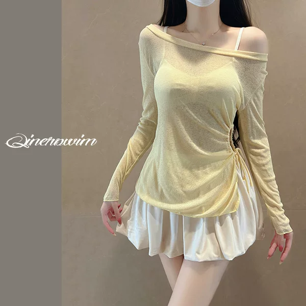 Women's Three-Piece Swimsuit Set with Long-Sleeve Sun-Protective Cover-Up, Solid Color, Slimming, Flattering, Sweet Style, Suitable for Hot Springs