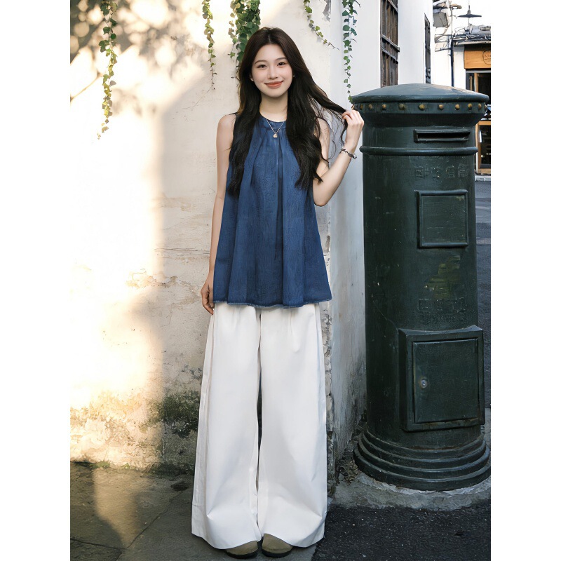 Korean Retro Fashion Youthful Sleeveless T-Shirt for Women, Very Stylish High-Waisted Casual Slimming Wide-Leg Pants Two-Piece Set Trendy