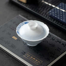 釉下彩纯手绘蝶恋花两才花口盖碗家用泡茶杯不烫手小清新功夫茶具