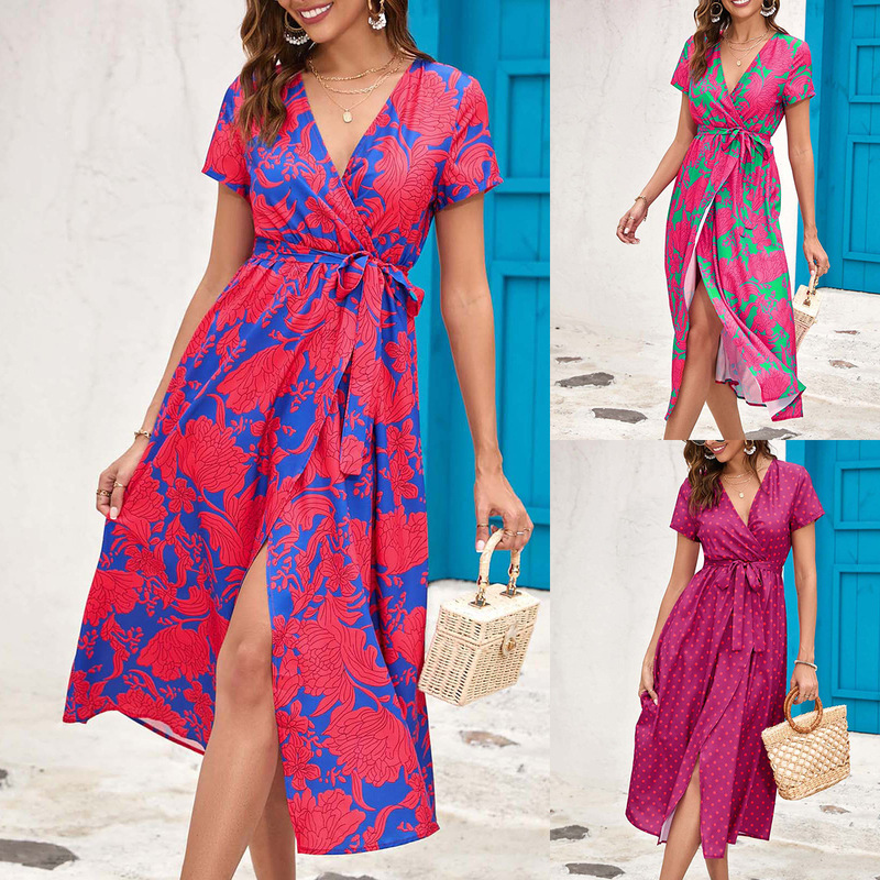 Foreign Trade Women's Clothing Amazon Explosions Dress 2024 Summer Cross-border Printed Split V-Neck Skirt European and American Women's Clothing