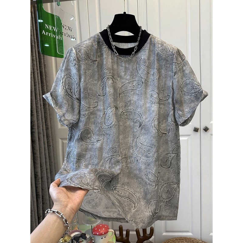 高級感ぼかしジャカード刺繍半袖シフォンシャツ女性の上着の丸襟が色にぶつかって肉がゆったりしているファッション夏の起爆金|undefined