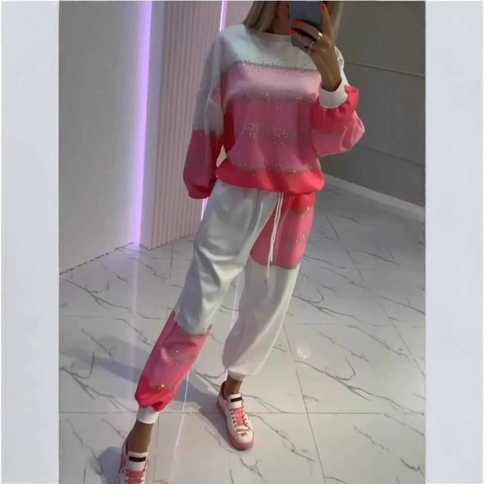 2025 Европа и США Новая независимая станция Amazon Женская повседневная пудра в полоску топ шнуровочные брюки набор из двух частей