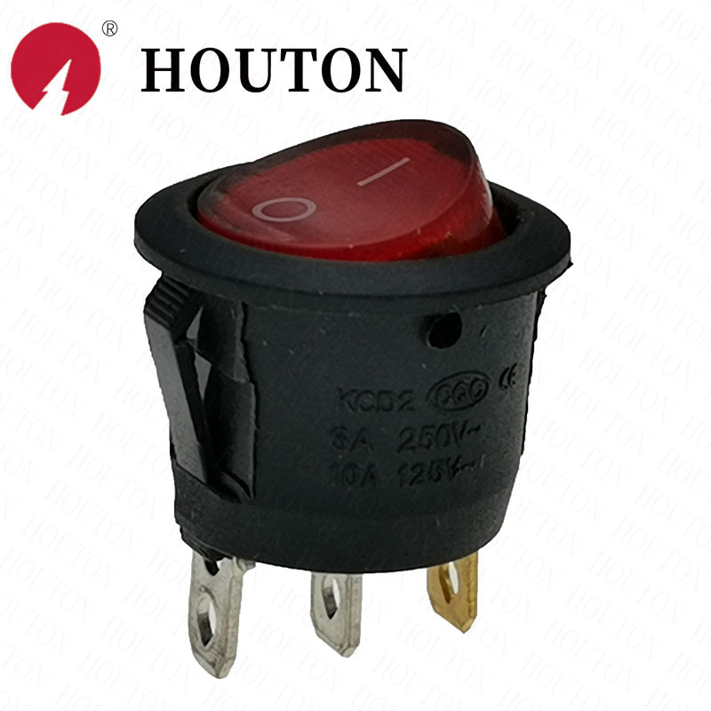 全圆红色带灯 2档3脚 两档三脚 6A圆形开关船型翘板电源开孔20MM
