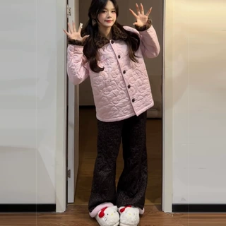 2025秋冬粉色三层夹棉豹纹拼接加厚绗棉家居服套装可外穿情侣睡衣