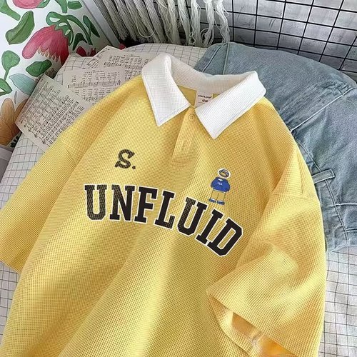 2024 Summer New Men's Waffle-Polo Short-Sleeve T-Shirt in Klein Blue—Trendy Brand, Loose-Fit, Hong Kong-Style T-Shirt