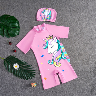 Children's Swimsuit Cartoon Summer Suit Girls Short-Sleeved Sun Protection Girl One-Piece Swimsuit Small and Medium-Sized Baby Swimming Cap