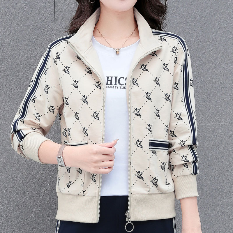High Cotton Fashion Casual Middle-Aged Mother Knitted Jacket Jacket Women's Spring & Fall New Style Contrasting Printed Top High Cotton Fashion Casual Middle-Aged Mother Knitted Jacket Jacket Women's Spring & Fall New Style Contrasting Printed Top