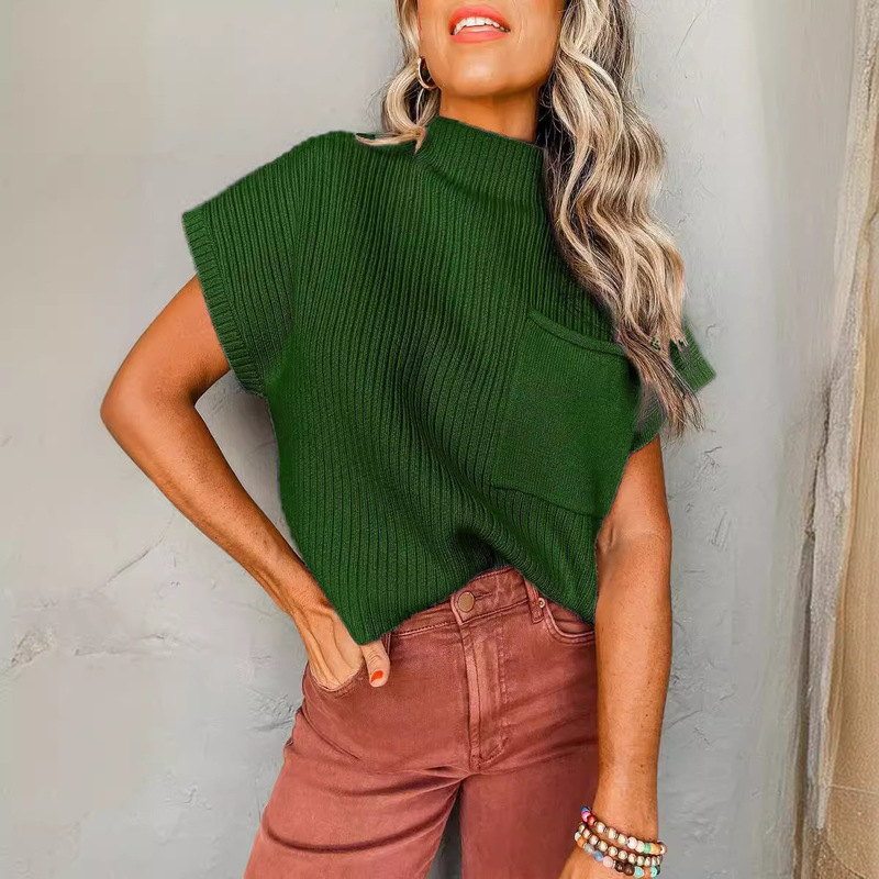 2024 European and American women's Amazon sweater vest short sleeve half turtleneck pullover batwing shirt casual sweater for women