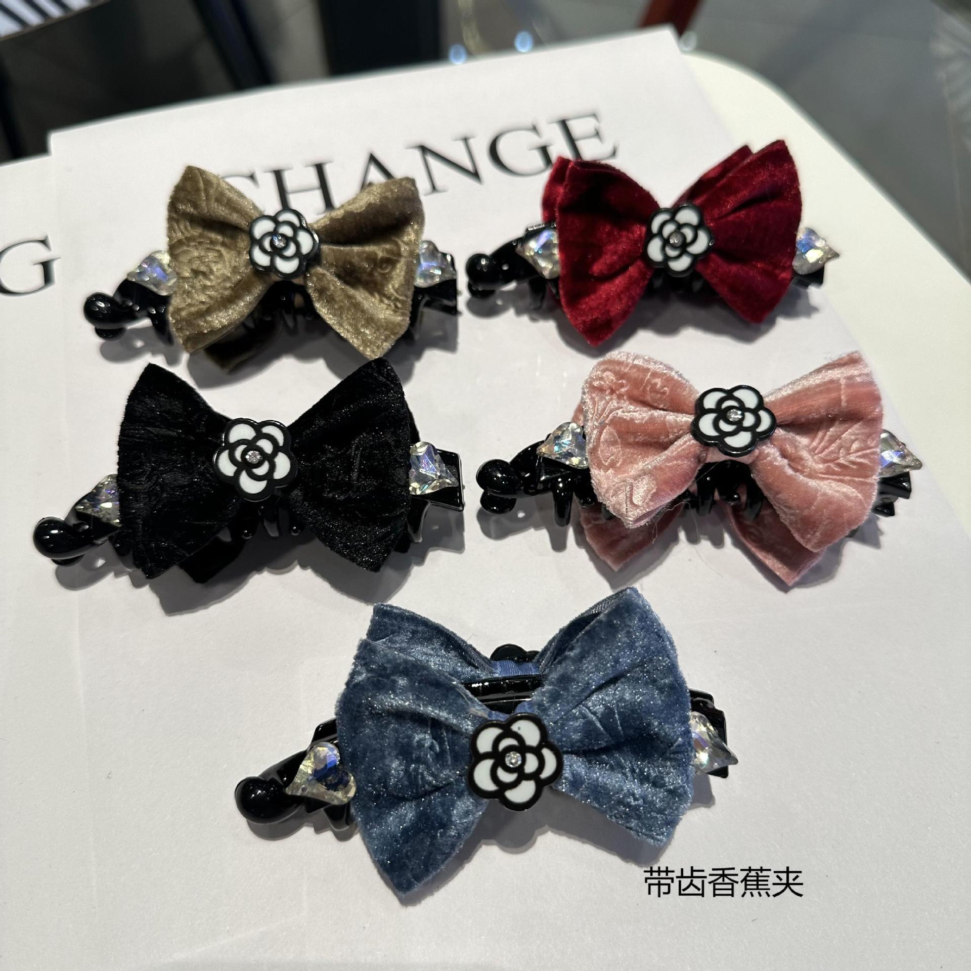 蕾絲氣質復古金絲絨蝴蝶結法式茶花香蕉夾少女頭飾簡約時尚通勤OL
