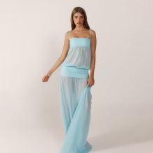 亚马逊2025夏季新款吊带网纱连衣裙透视时尚性感拼接纯色抹胸长裙