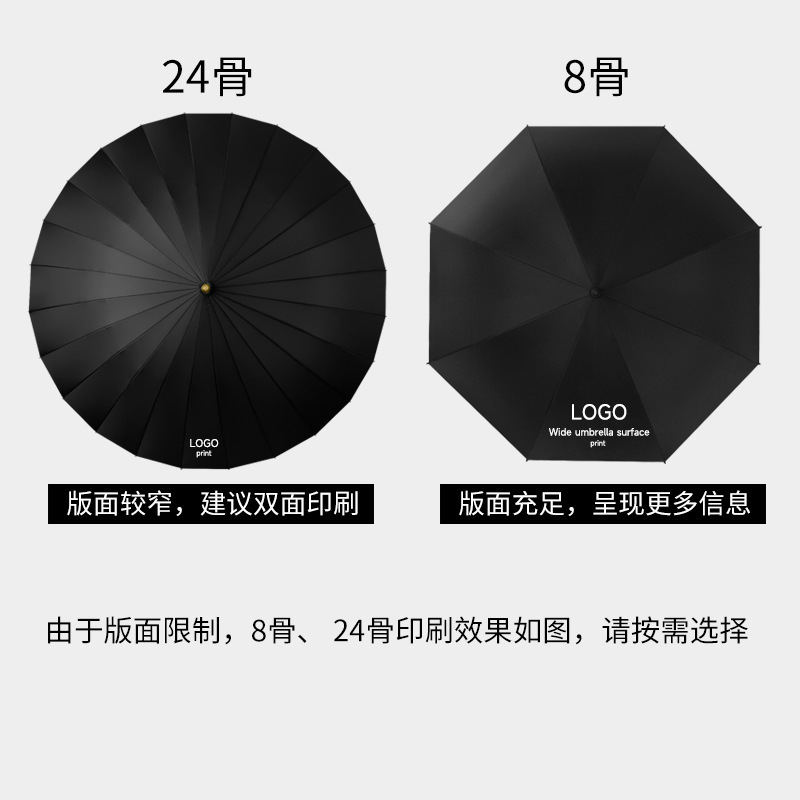 Paraguas de 24 varillas para hombre, mango largo, venta al por mayor, paraguas de golf doble grande, publicidad impresa, mango recto, revestimiento negro engrosado personalizado