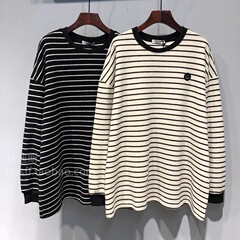 跨境240斤秋冬新款刺绣小笑脸横条纹长袖卫衣女装宽松中长款磨毛