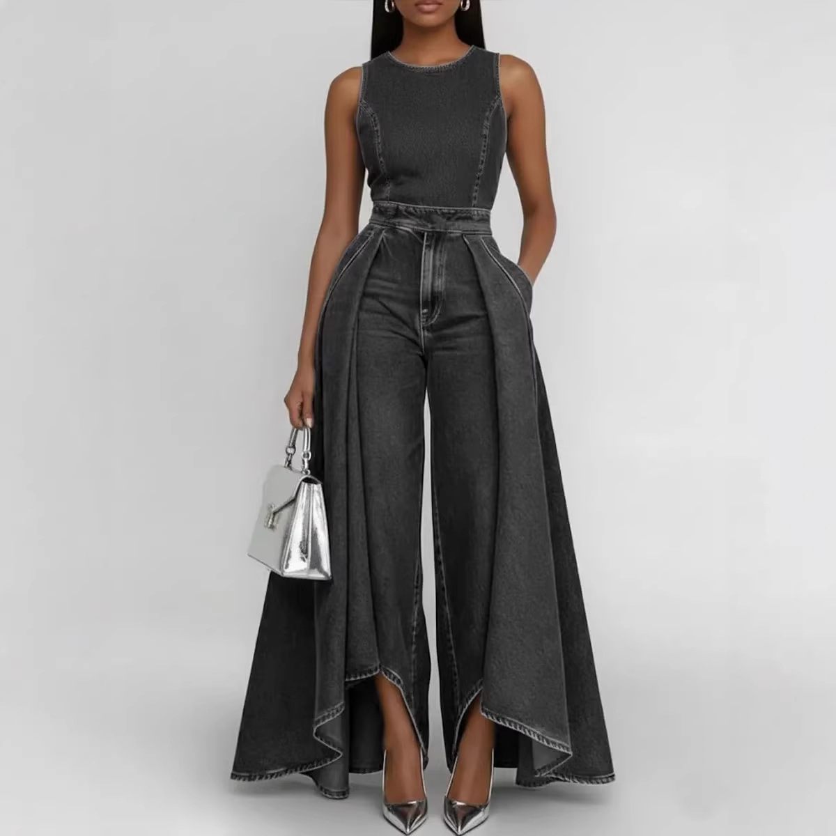 Ropa de mujer Mono vaquero informal sin mangas con cuello redondo y pernera ancha para mujer, ideal para ocasiones formales e informales._voghion.com