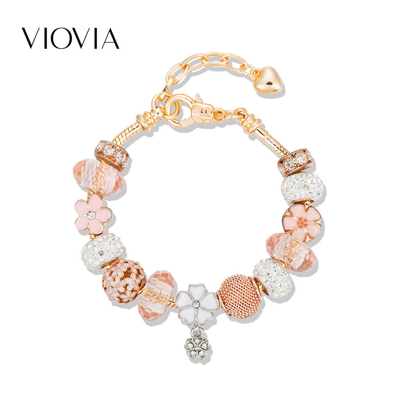 Fiore di vendita caldo perlina con foro grande da donna, braccialetto della famiglia Pan, romantico braccialetto con pendente a forma di fiore di olio a goccia, regalo di San Valentino_voghion.com