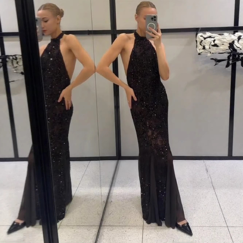 2025 New Cross-Border Evening Dress for Women, New Elegant Banquet Style, Long Fishtail Sequin Dress for Annual Party