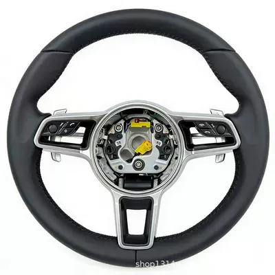 Leather sports steering wheel suitable for Porsche Panamera, Cayenne, Macan, 718, 911, 918 (Steering wheel) - leather-black