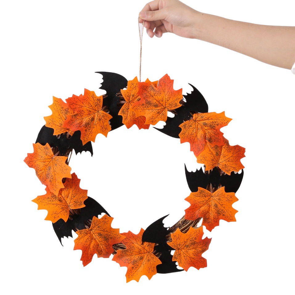 Nueva decoración de corona de hojas de arce para Halloween, adorno de anillo de guirnalda artificial, decoración de puerta con anillo de guirnalda de murciélagos para Halloween. image 1