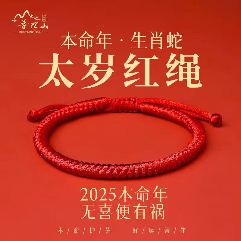 Putuo 2025 Year of the Snake Tai Sui Red Rope Bracelet Good Luck Thick Red Rope Hand-Woven Rope Bracelet Gift Protective Blessing