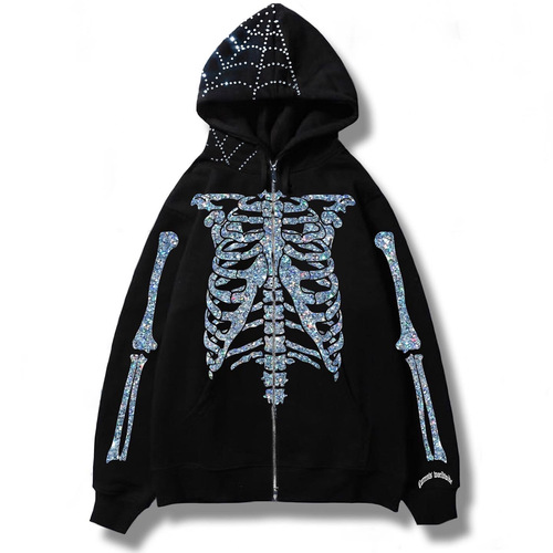 Punk Dark Y2K Print Skeleton Spiderweb Hooded Sweatshirt Design-Oriented Niche Streetwear Brand