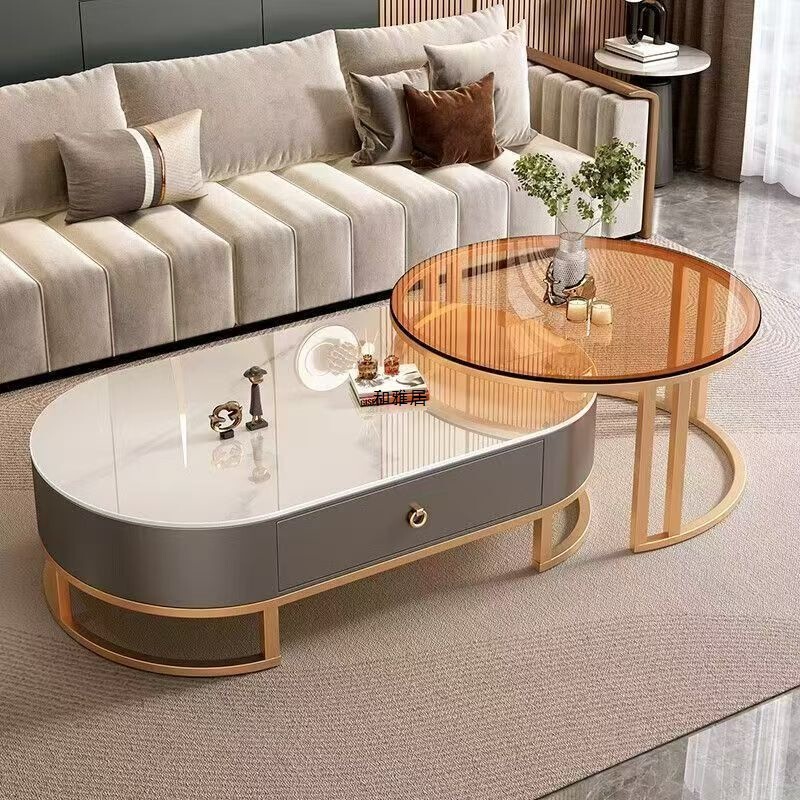 Oval-Shaped Rock Slab Coffee Table for Home Use, Suitable for Living Room, Light Luxury Modern Minimalist Style, Small Apartment Tea Table, 2025 New Model Set