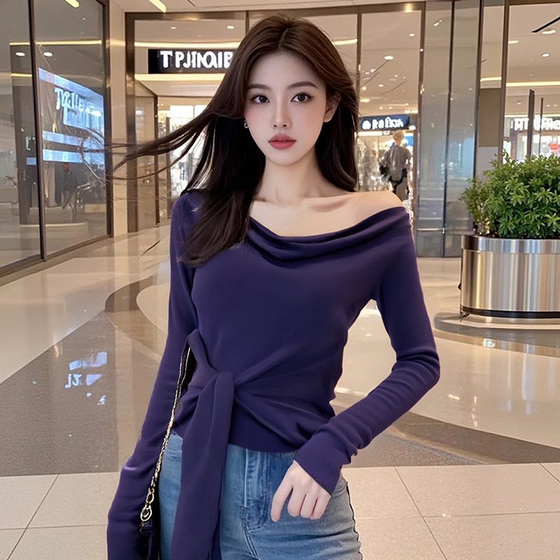 AI Figure in stock 2025 Spring New Korean Fashion Western Style Jacket Purple Strap Base Shirt Knitted Shirt Women