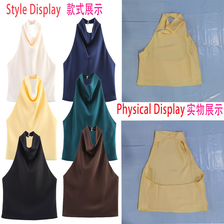 Halter Neck Sleeveless Slim-Fit Solid Color Tank Top, New Spring/Summer Style, In-Stock, European and American Style with Chest Pads