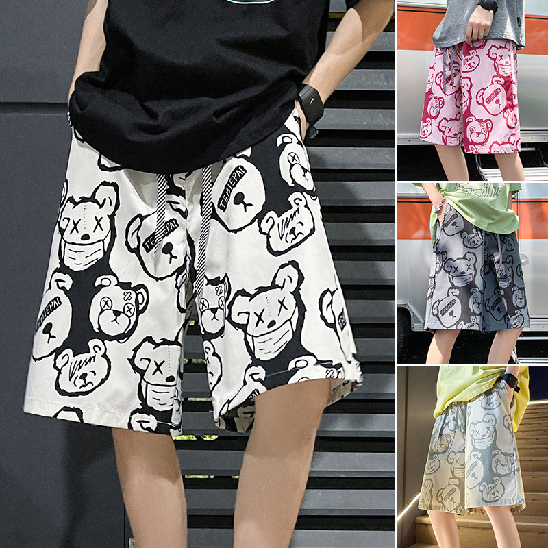 Ice Silk Beach Pants Men's Summer Thin Flower Shorts Loose Trendy Brand Cartoon Straight Basketball Quick-drying Home Large Pants