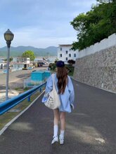 蓝色长袖衬衫女2025春春季韩系宽松廓形百搭休闲纯棉防晒衬衣外套
