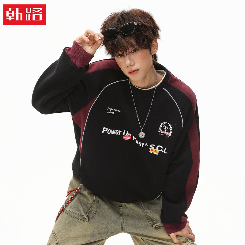Hanlu | American retro sports raglan sleeve crew neck sweatshirt for men, autumn style, color-blocking racing style pullover