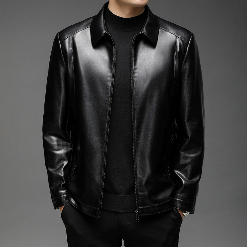 Chaqueta de cuero de hombre, chaqueta de cuero suave, invierno y otoño, vello con tapa gruesa, chaqueta de cuero de lana de mediana edad.