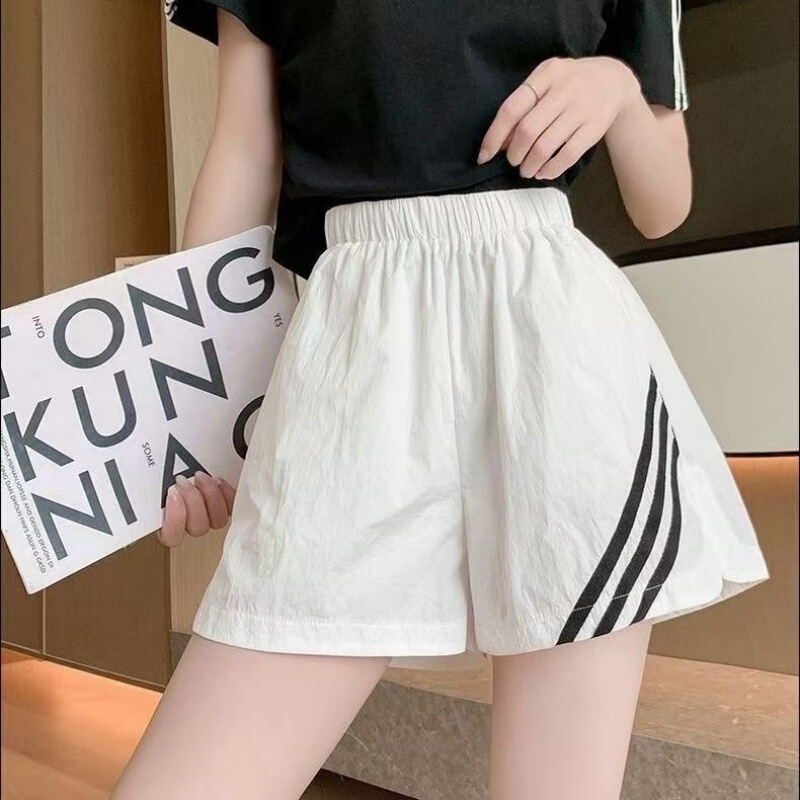 Striped Casual Elastic Sports Pants Slimming Loose Women's Summer High-Waisted Mid-Short Straight-Leg Two-Color Wide-Leg Pants 2025