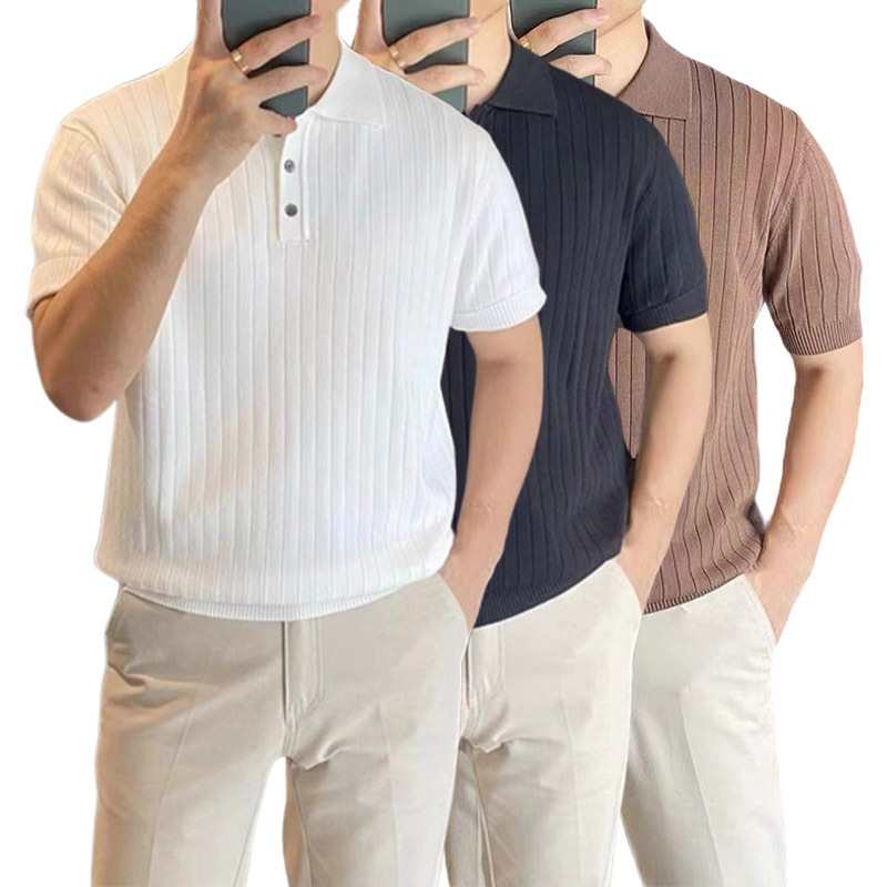 Cross-Border Popular European Size Large Size Polo Shirt Lapel Knitted Short-Sleeved T-Shirt Old Money Style Ice Silk Breathable Factory Wholesale Cross-Border Popular European Size Large Size Polo Shirt Lapel Knitted Short-Sleeved T-Shirt Old Money Style Ice Silk Breathable Factory Wholesale