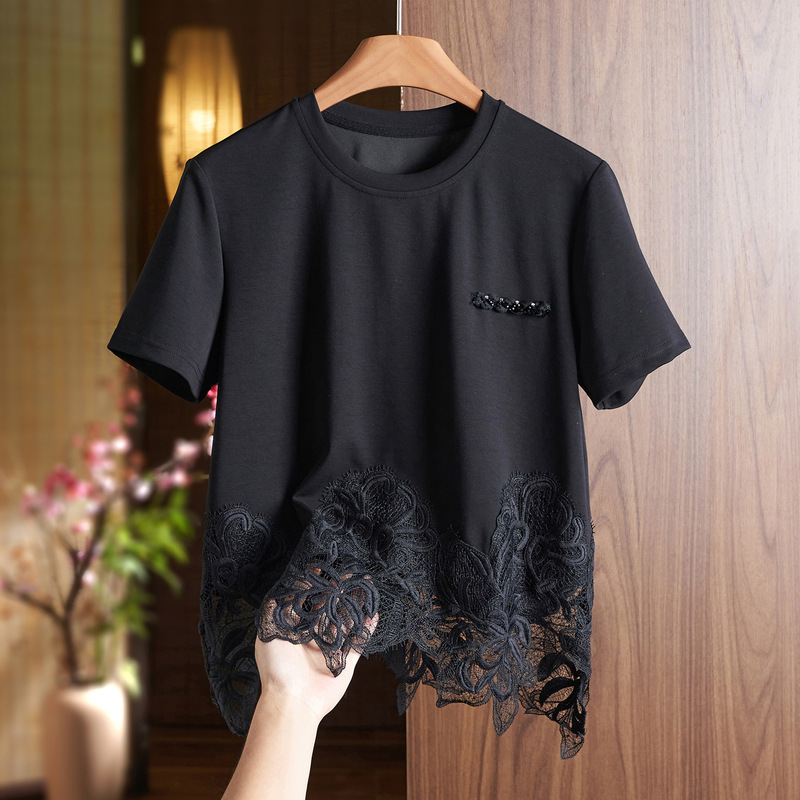 Tong En's Design Lace Age-Reducing Splicing Short-Sleeved T-Shirt Women's Summer Round Neck Versatile Loose Slimming Look Top