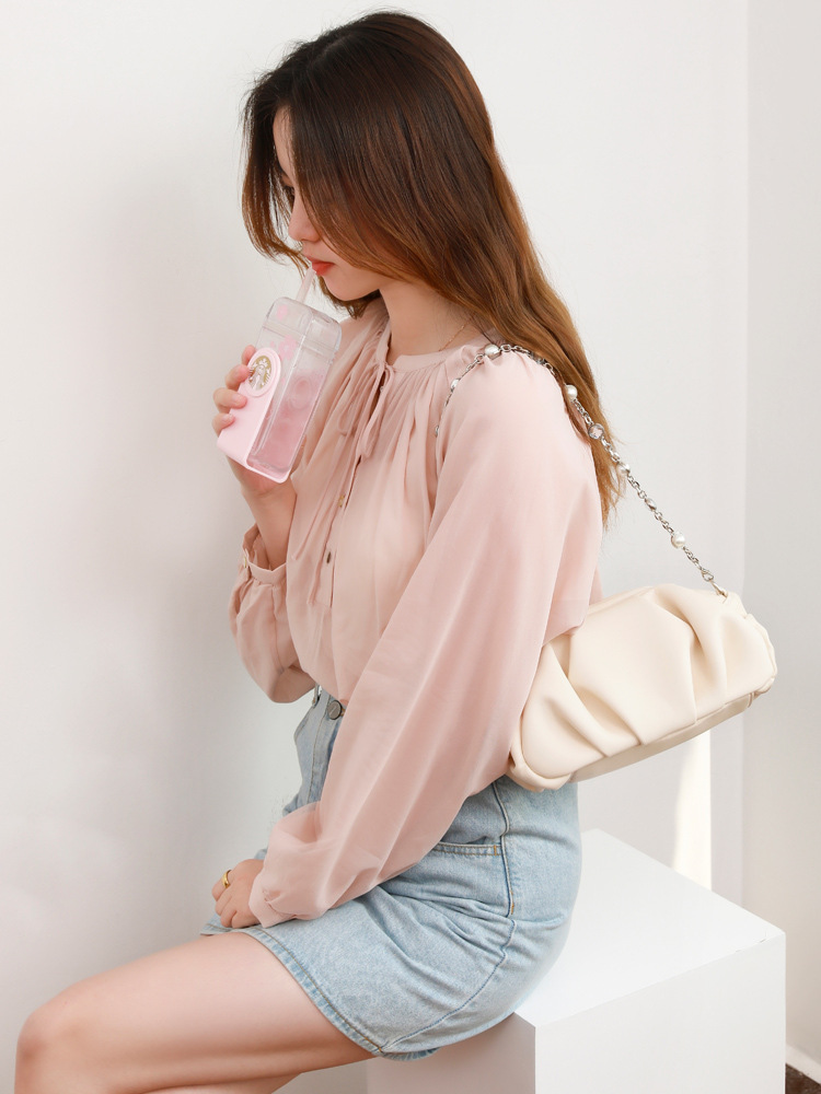 Túi đeo chéo nữ da thật kiểu mây xếp ly, thiết kế đơn giản đa năng — Màu trắng be 1, Màu đen 1 chi tiết 1