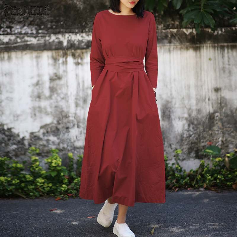 2025 Chinese Cotton Shirt Women's Cotton Pocket Long-Sleeve Tie-Up Extra-Long Dress Autumn