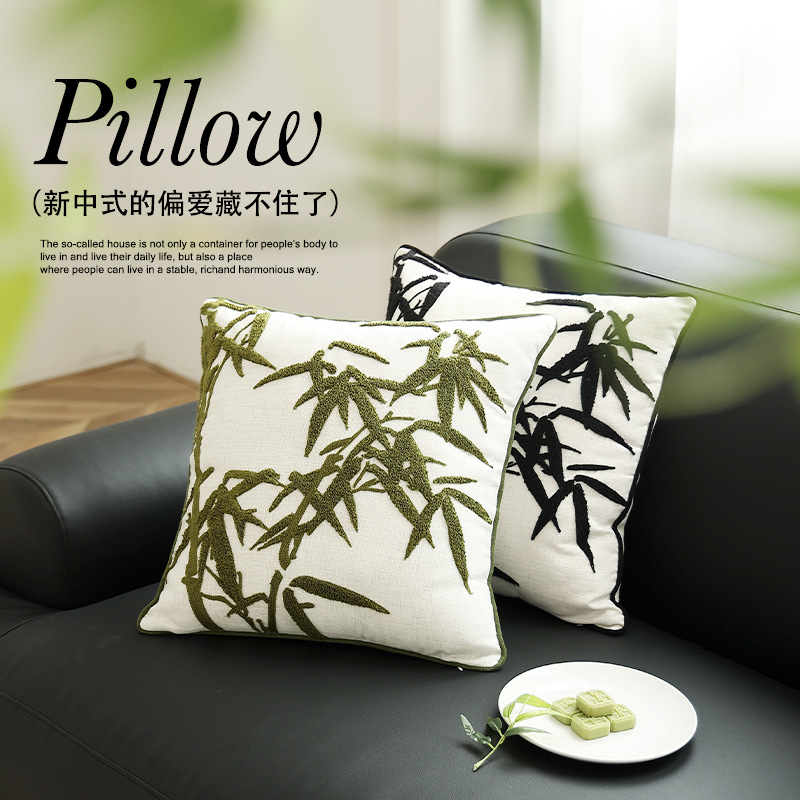 新品繡花抱枕套墨竹系列家用客廳沙發腰靠布藝新中式會議室靠墊套