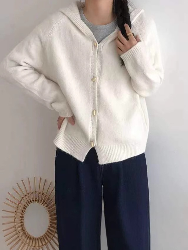 24 invierno Puyuan real disparar retro sombrero de color sólido perezoso viento de punto chaqueta de manga larga mujer simple