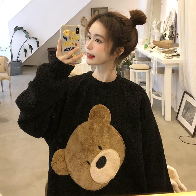 韩版睡衣女冬加厚加绒套装新款珊瑚绒小熊外穿可爱甜美家居服|undefined
