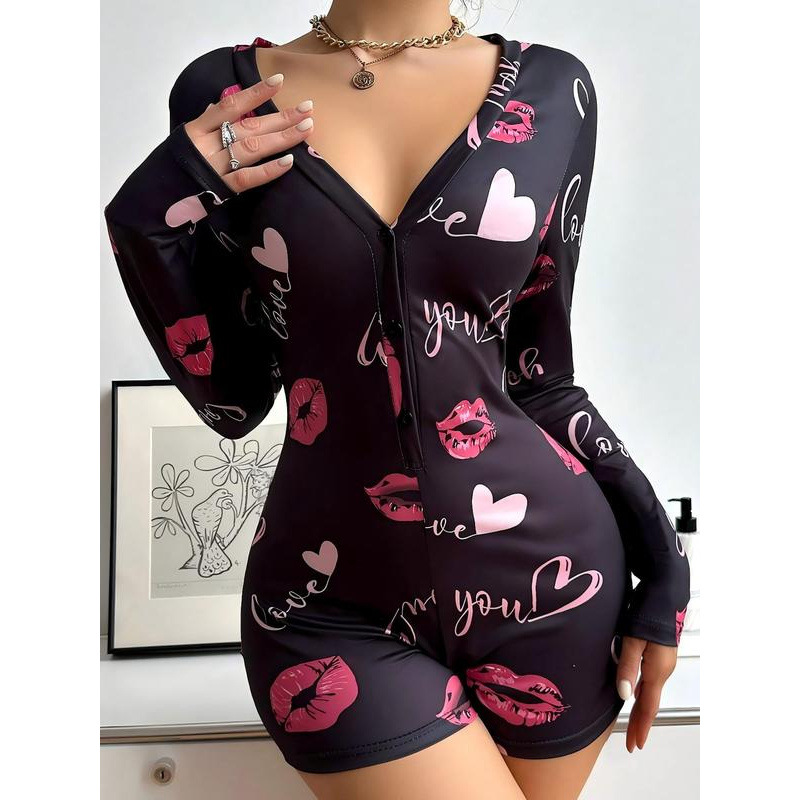 El comercio exterior transfronterizo Onesies letras de la mujer labios impresión botones abiertos pijamas unidos