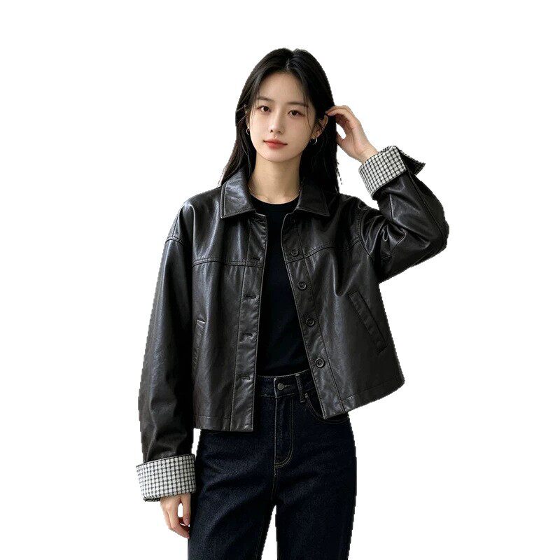 Áo khoác da PU nữ dáng ngắn cổ bẻ, phong cách Hàn Quốc, thời trang casual, dáng rộng, dễ phối đồ, retro, mùa thu — Màu nâu cà phê, màu đen