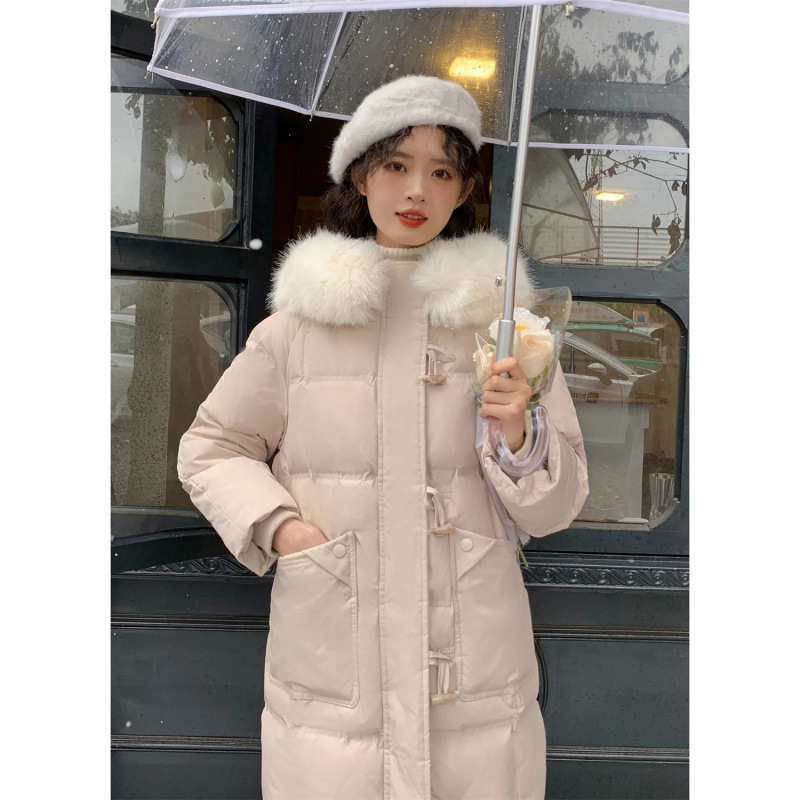 2023新款连帽白鸭绒显瘦加厚外套紫色大毛领过膝羽绒服女冬装